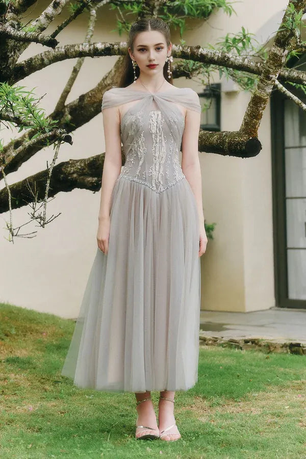 Weitese Dress Sparkle A-line Corset Waist Tulle Ankle Length Maxi Dress Sleeveless Elegant Pleated Backless Prom Dress